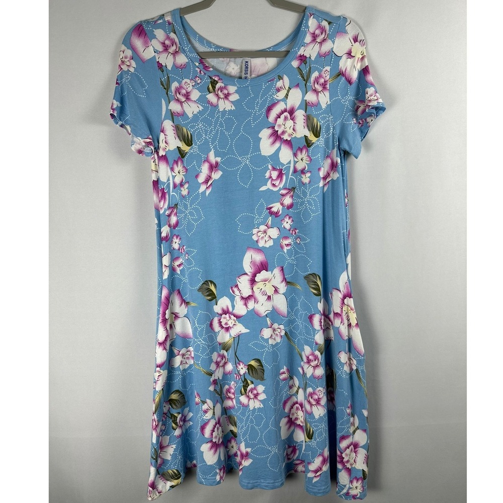 KORSIS T Shirt Dress Womens Small‎ Blue Floral Pockets Casual Summer Boho